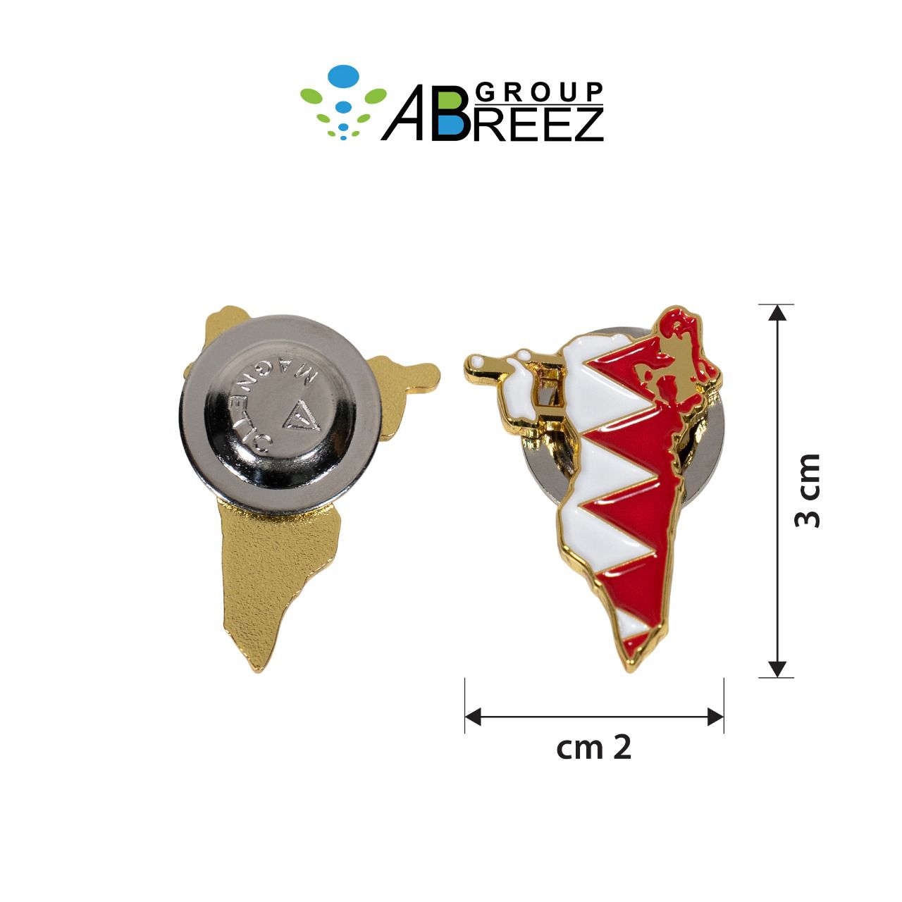 Map shaped flag of Bahrain in the style of a metal pin badge