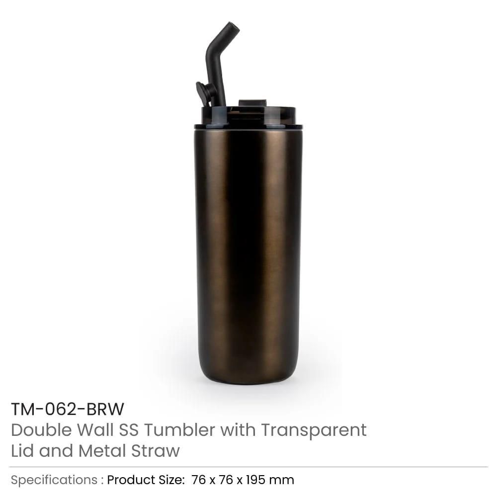 Double Wall SS Tumbler with Transparent Lid and Metal Straw