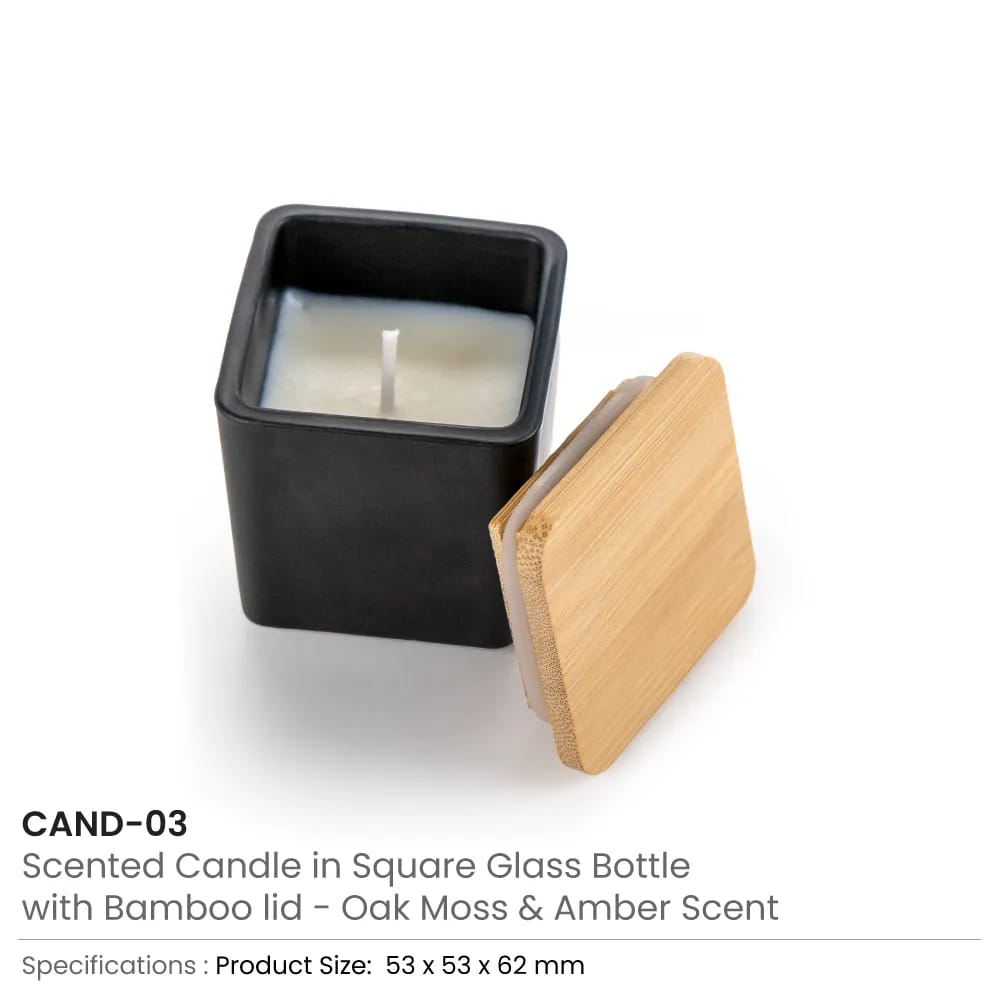 Scented Candle in a Square Glass Bottle with a Bamboo Lid