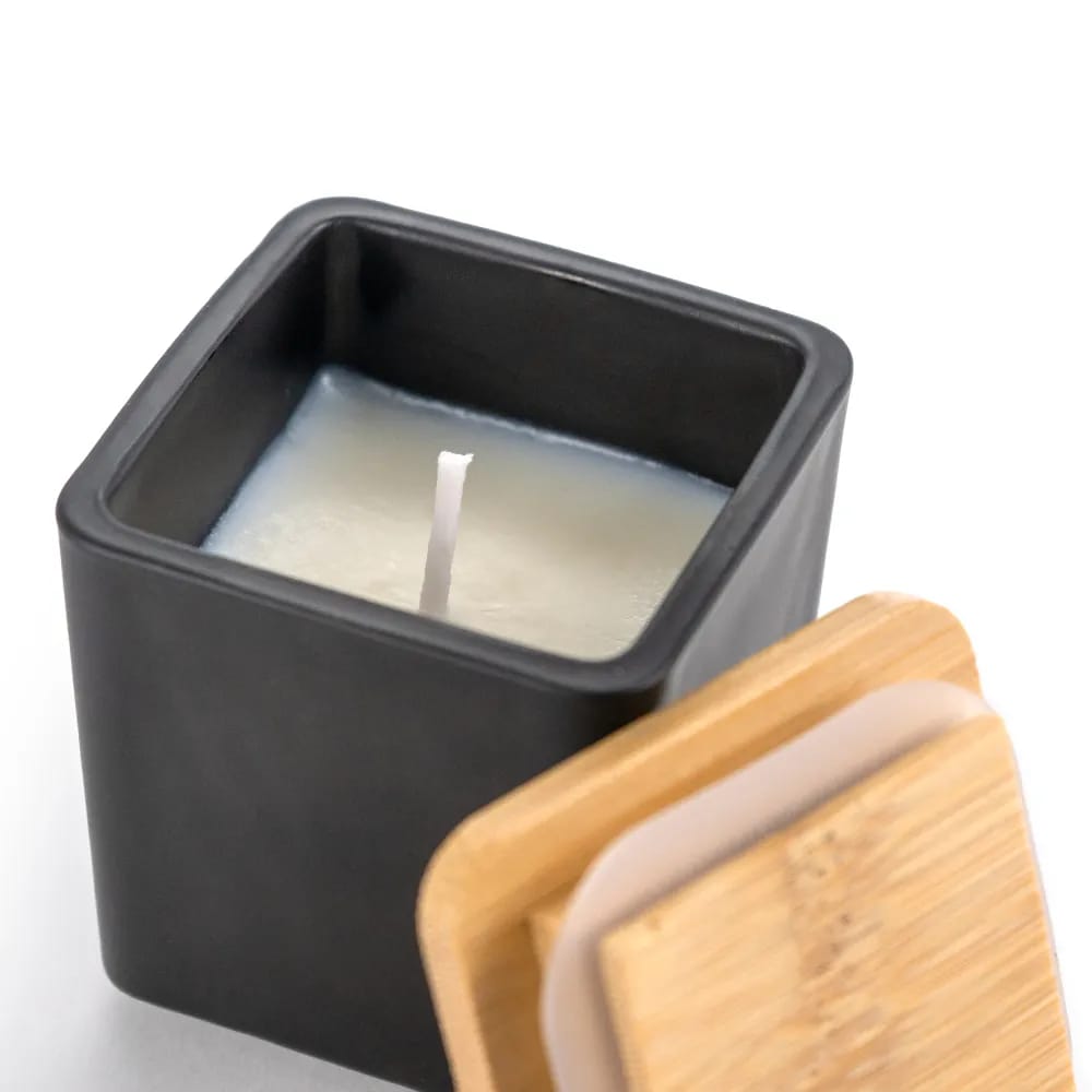 Scented Candle in a Square Glass Bottle with a Bamboo Lid