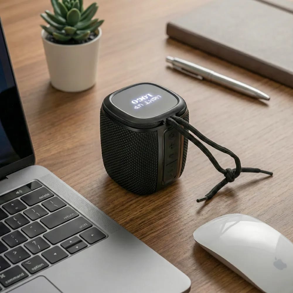 Portable Bluetooth speaker with a light-up logo and lanyard