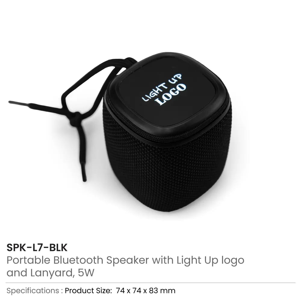 Portable Bluetooth speaker with a light-up logo and lanyard