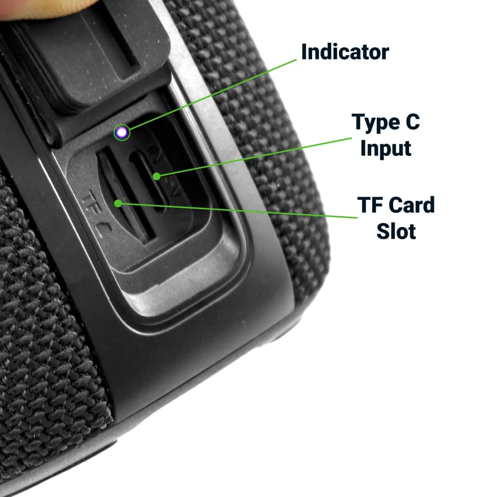 Portable Bluetooth speaker with a light-up logo and lanyard