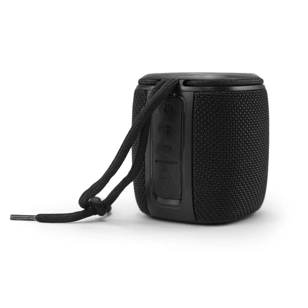 Portable Bluetooth speaker with a light-up logo and lanyard