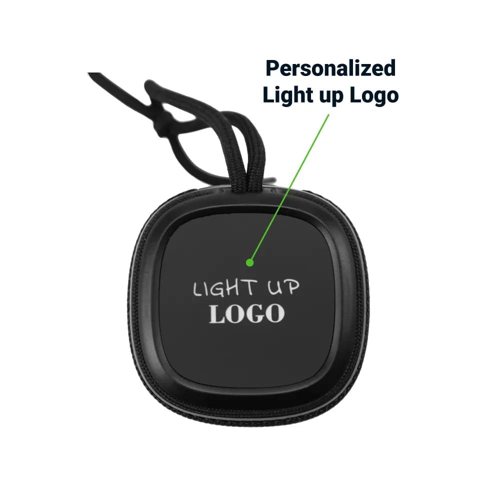 Portable Bluetooth speaker with a light-up logo and lanyard