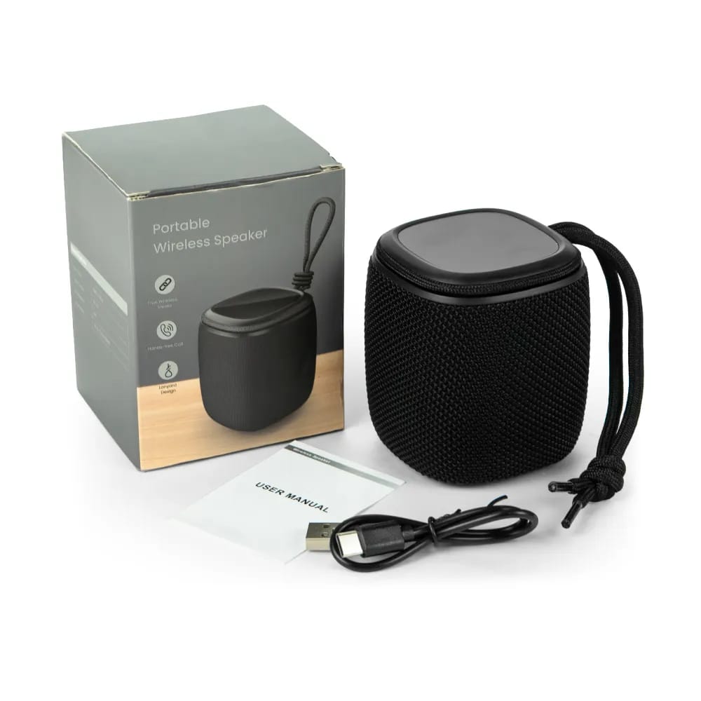 Portable Bluetooth speaker with a light-up logo and lanyard