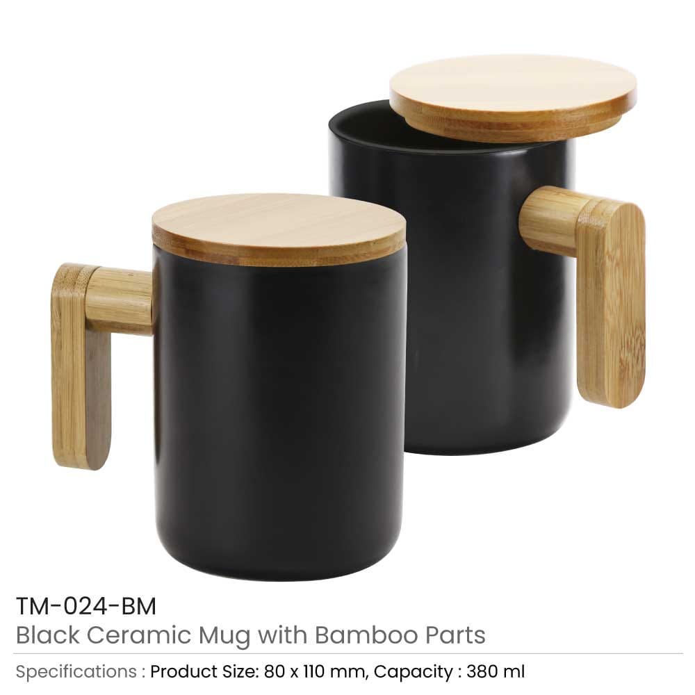 Ceramic Coffee Mugs with Bamboo Handle and Lid 380ml – Black