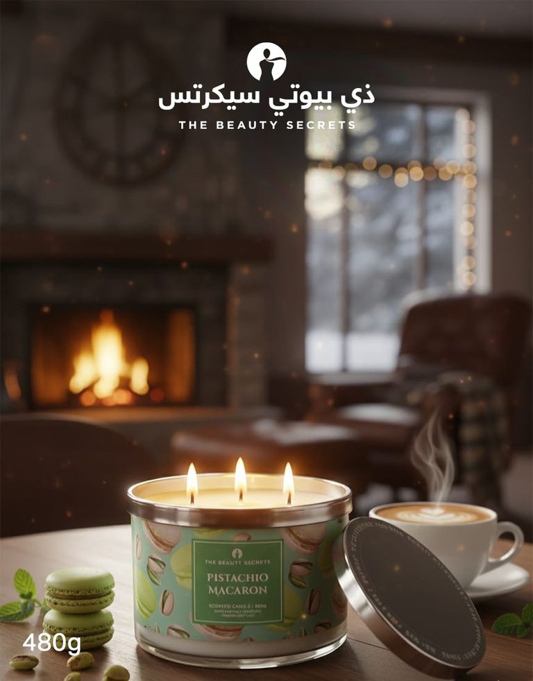 Beauty Secrets Pistachio Macaron scented candle. Key