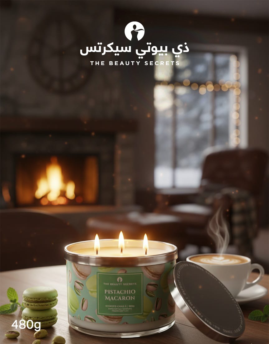 Beauty Secrets Pistachio Macaron scented candle. Key