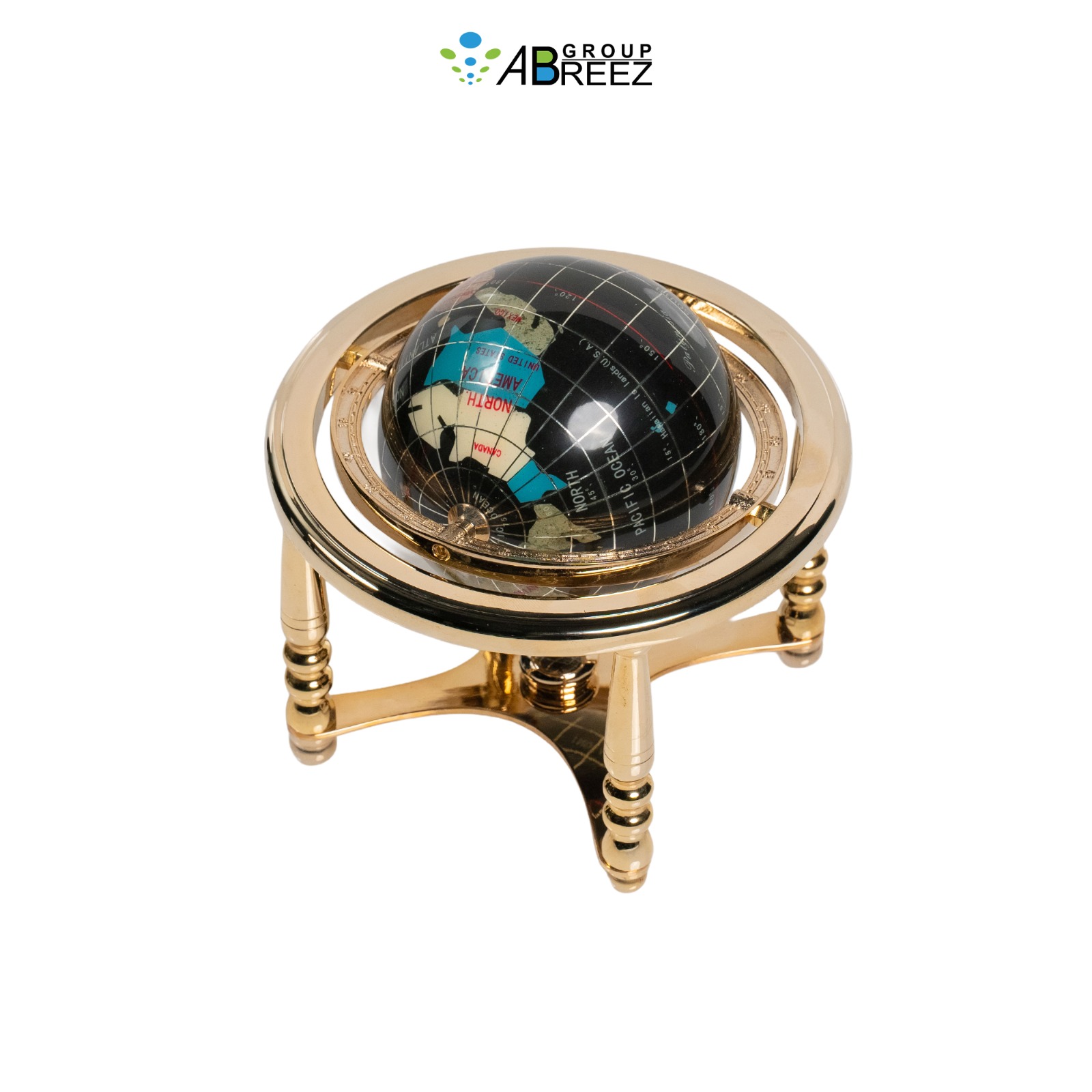 Small, Handcrafted Gemstone World Globe with a Gold-toned