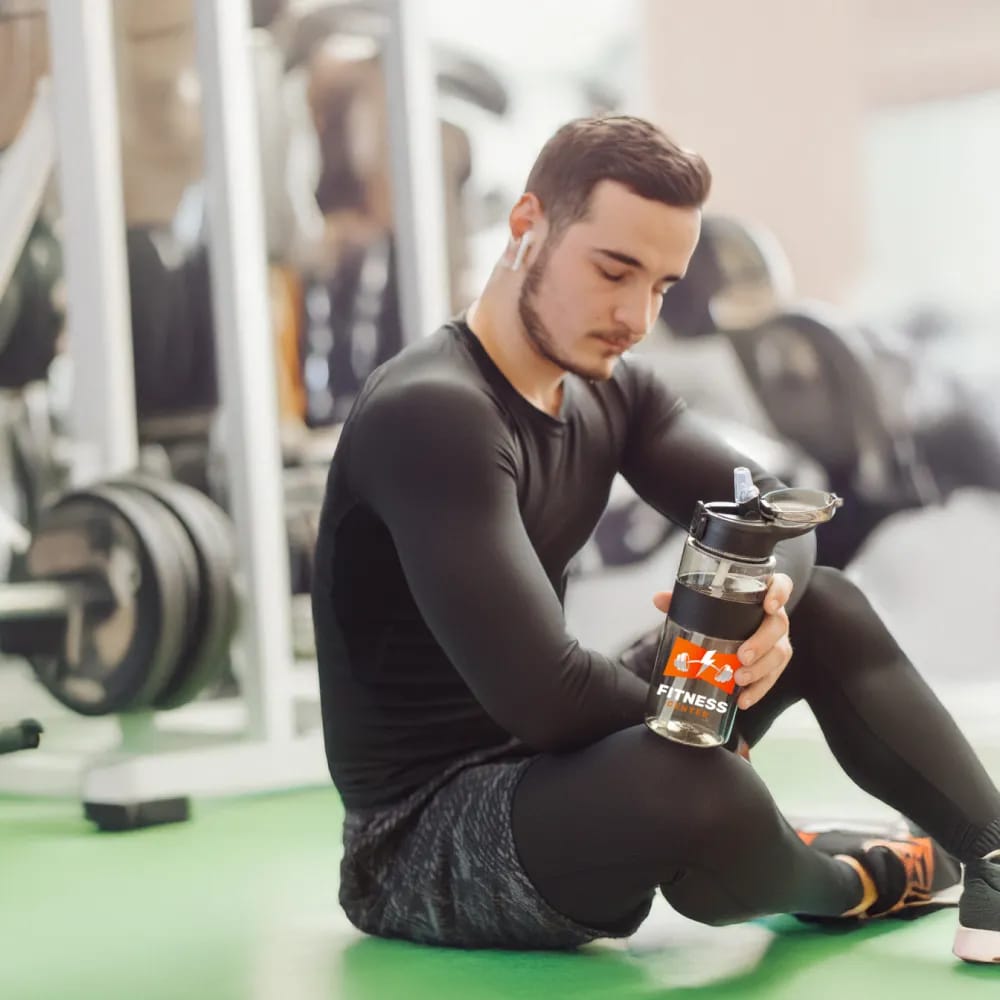 An eco-friendly sports water bottle made from recycled rPET
