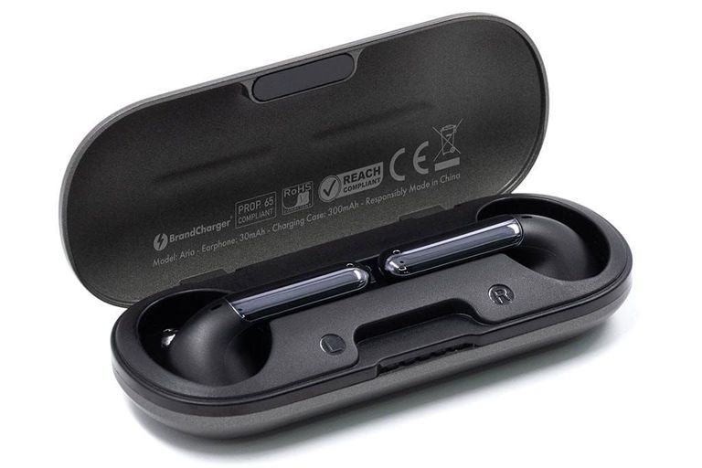 Shown is the BrandCharger Aria True Wireless Earbuds