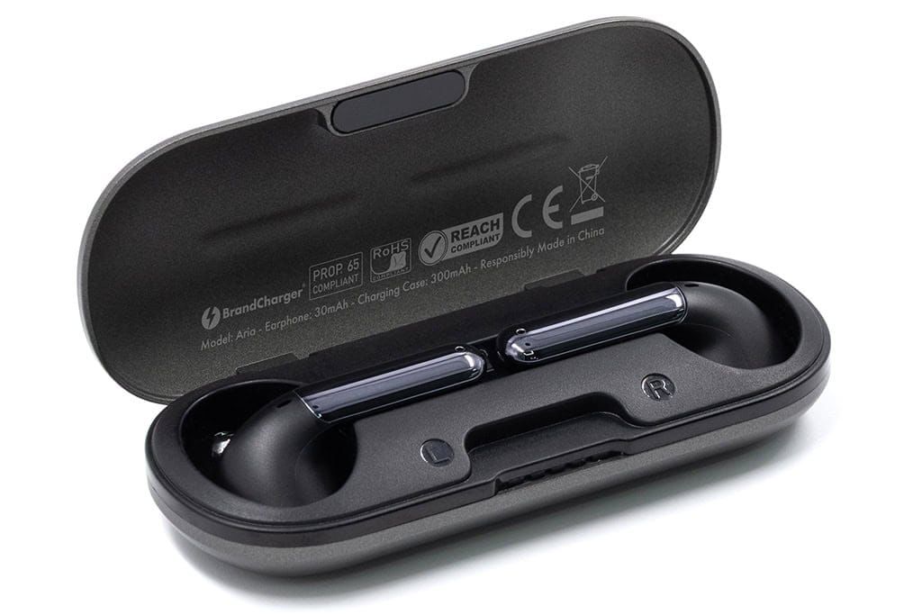 Shown is the BrandCharger Aria True Wireless Earbuds