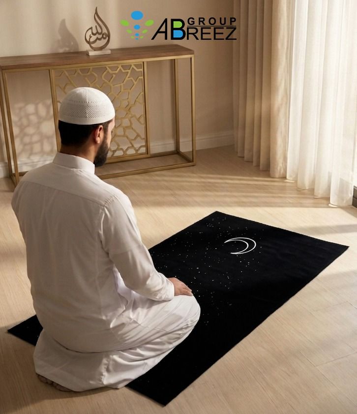 Black Prayer Mat Featuring a Minimalist Moon and Star Design