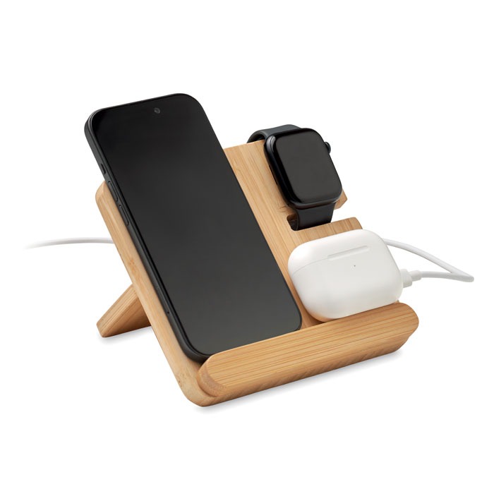 BOOGAR 3-in-1 wireless charger, featuring a natural bamboo