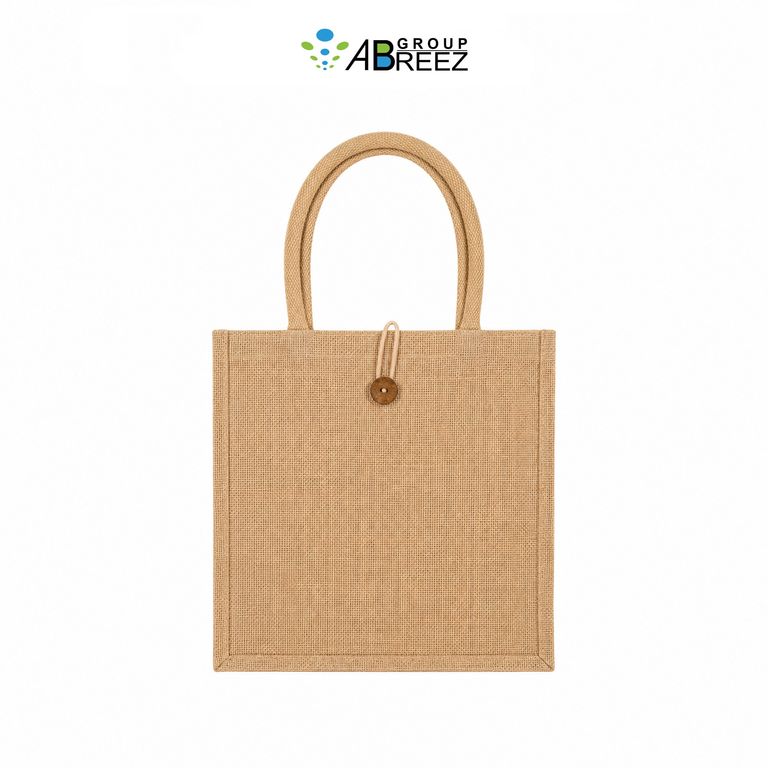 Natural Laminated Jute Tote Bag with Wooden Button & Padded Cotton Handles