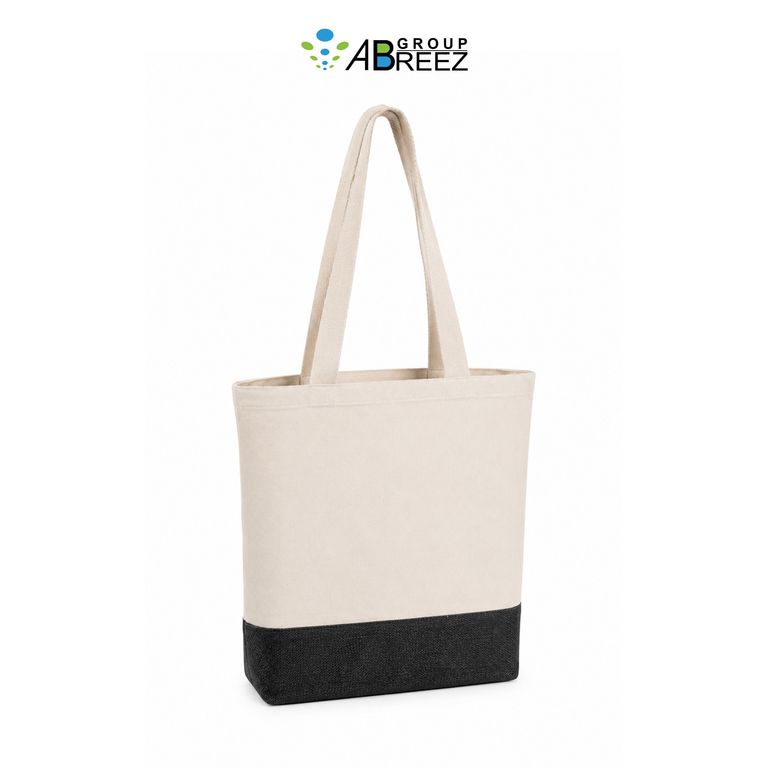 Natural Cotton Canvas Tote Bag with Woven Jute Base – Black