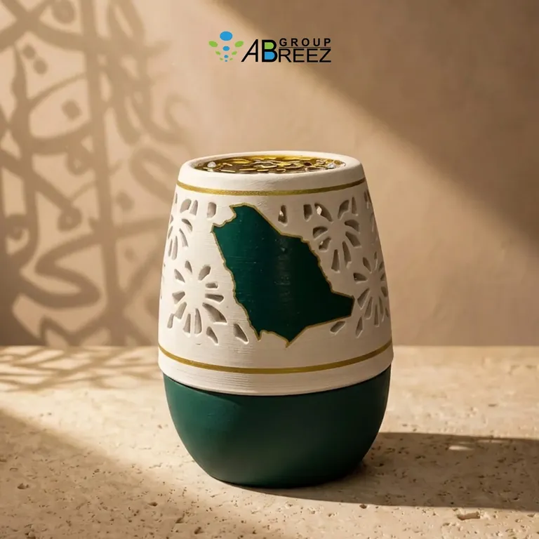مبخرة سيراميك مزخرفة بخريطة خضراء للمملكة العربية السعودية وفتحات زخرفية نباتية