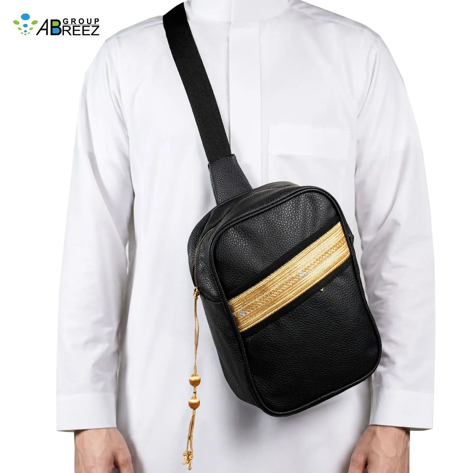 Black Faux-Leather Saudi Bisht Crossbody Bag with Embroidery