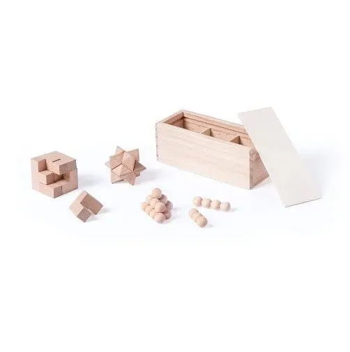 The item shown is the Genium Magic Puzzle, an interactive set of three natural wood brain teaser and skill games packaged in a compartmentalized wooden box with a sliding lid