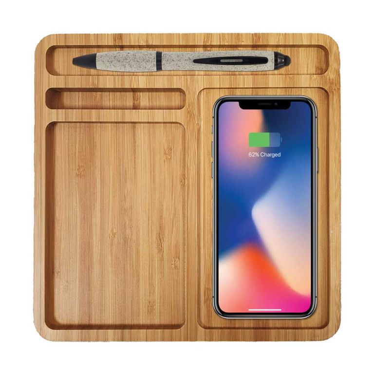 Bamboo 15W Wireless Desk Fast Charging Pad and Organizer