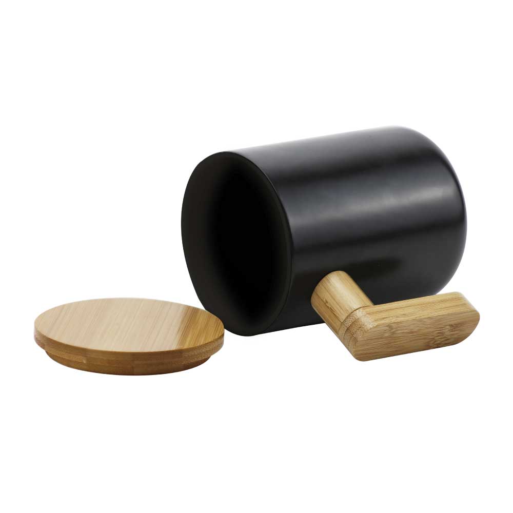 Black Ceramic Coffee Mug with Bamboo Handle & Lid - Matte Finish, 380ml