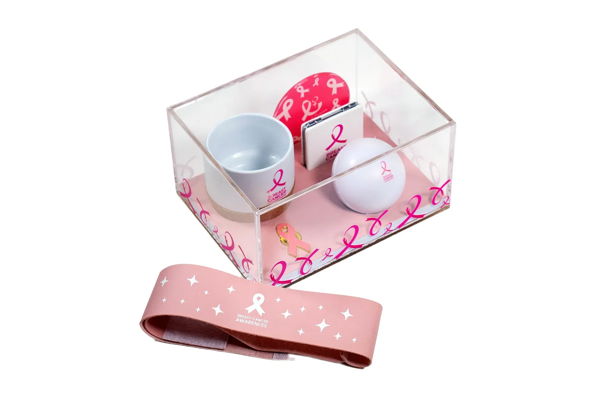 Pink Ribbon Acrylic Gift Box – Breast Cancer Awareness Set