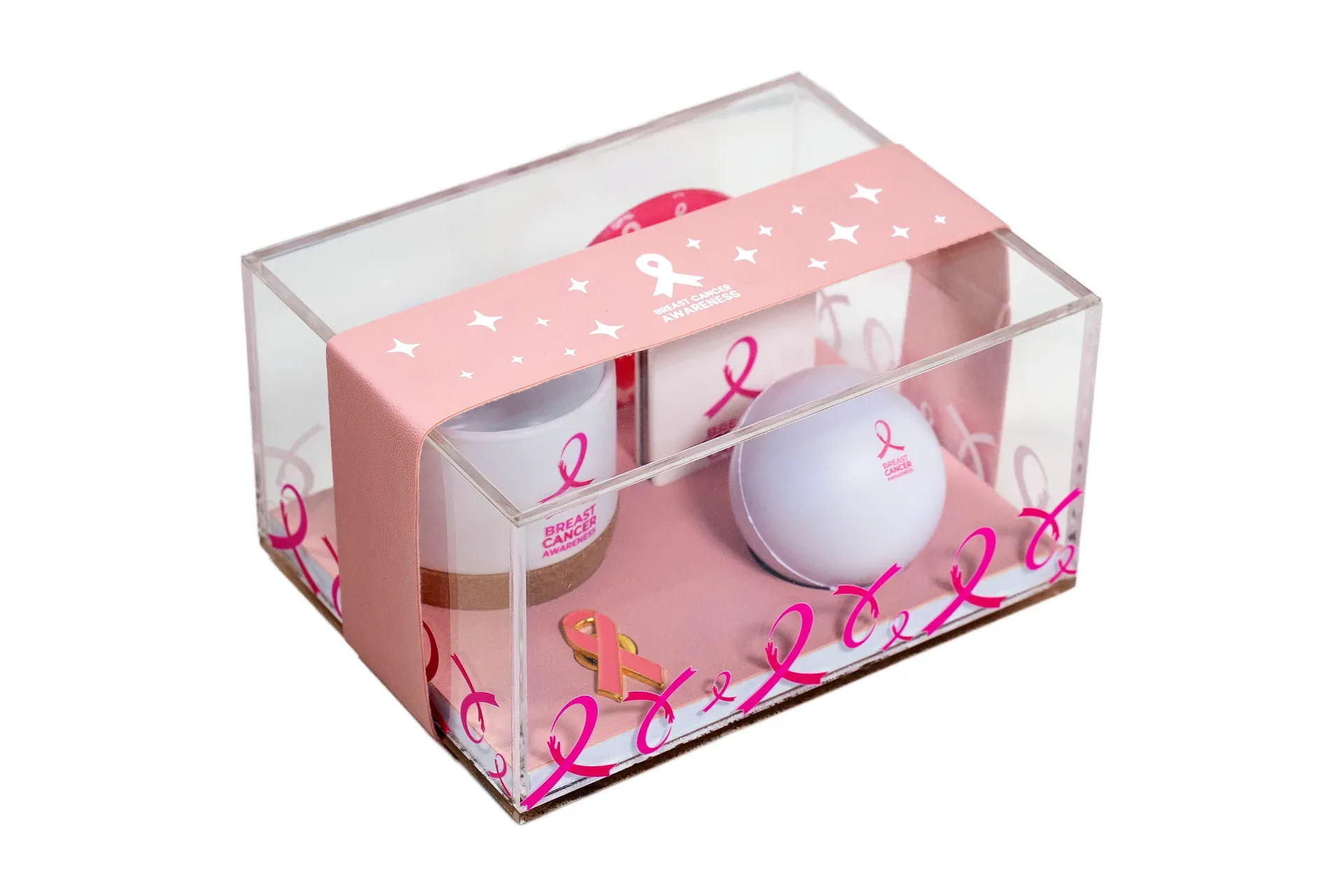 Pink Ribbon Acrylic Gift Box – Breast Cancer Awareness Set