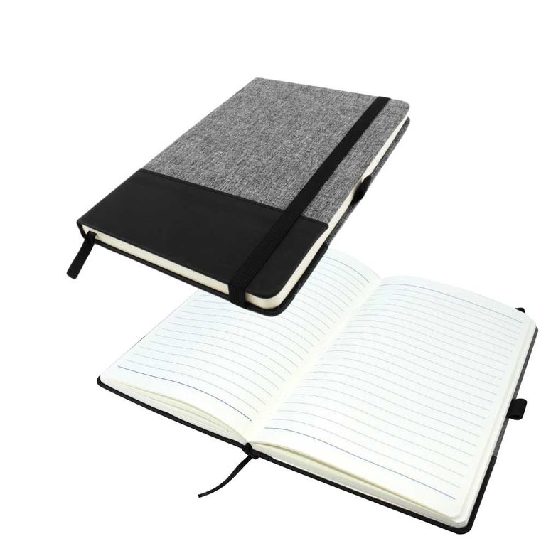 Dorniel A5 Notebook - Grey Cloth & Black PU Leather with Elastic Strap & Pen Loop