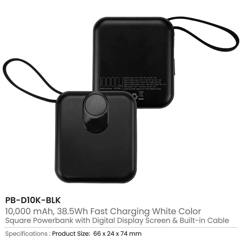 10,000mAh Digital Power Bank with Built-In Type-C & Lightning Cables