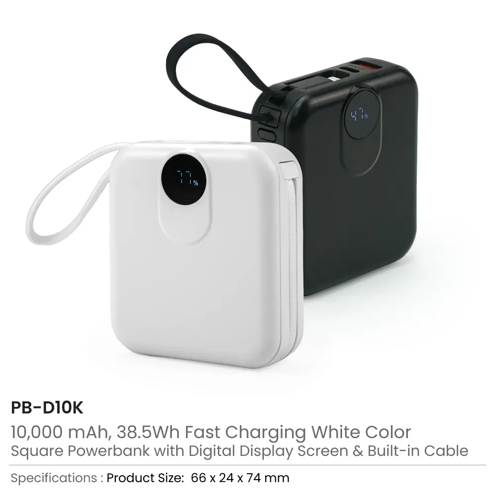 10,000mAh Digital Power Bank with Built-In Type-C & Lightning Cables