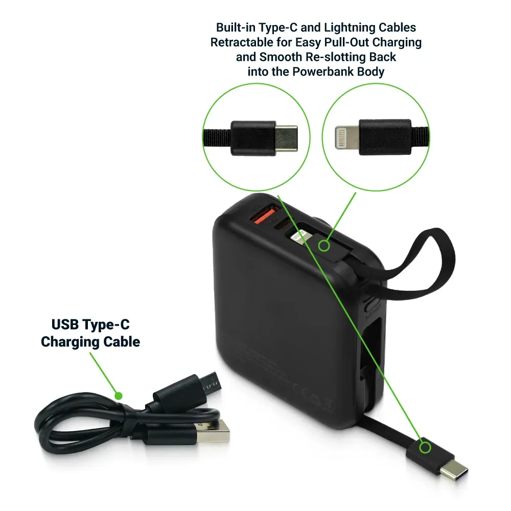 10,000mAh Digital Power Bank with Built-In Type-C & Lightning Cables