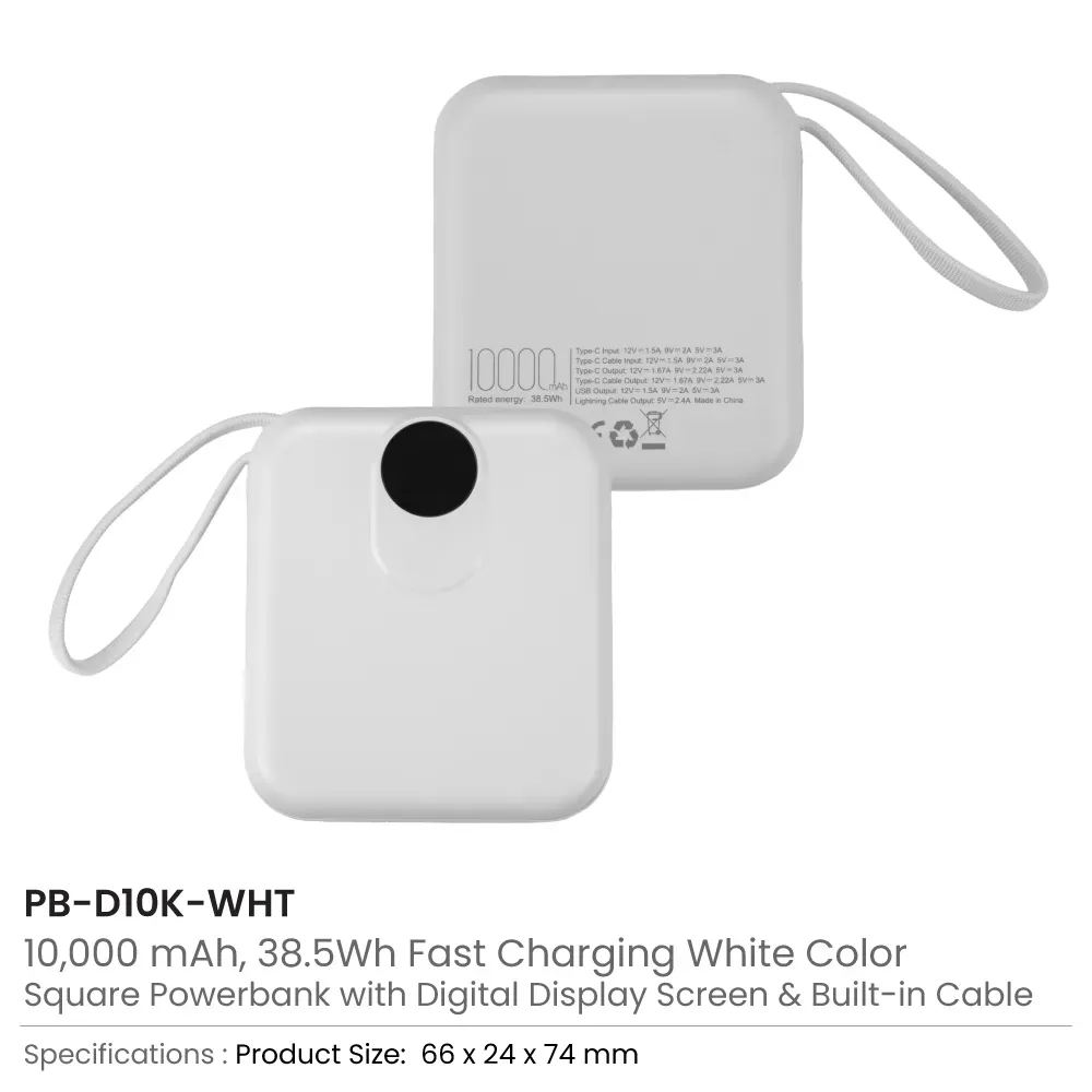 10,000mAh Digital Power Bank with Built-In Type-C & Lightning Cables