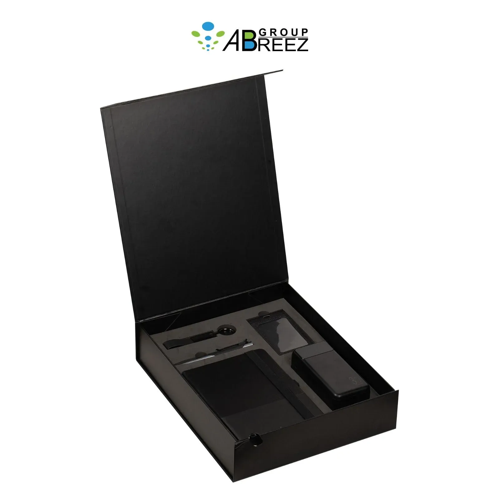 Premium corporate gift set featuring a branded notebook, pen, keychain, card holder, and power bank — Black