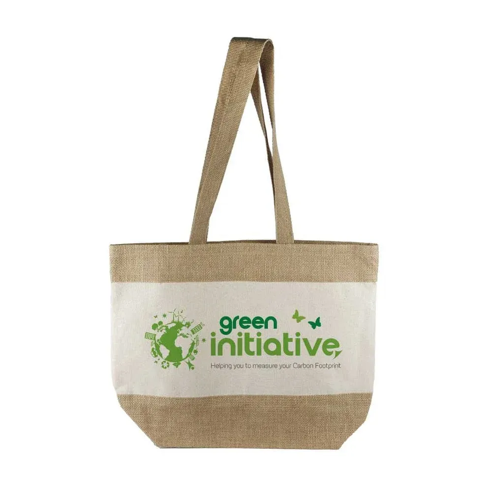Natural jute and cotton blend tote bag with a "green initiative" graphic print — Natural&White