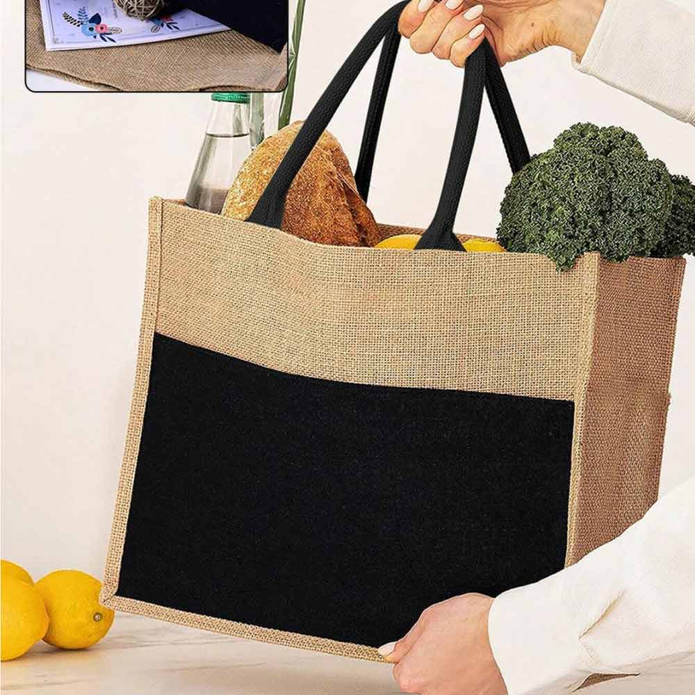 حقيبة خيش بجيب قطني أسود ومقبض