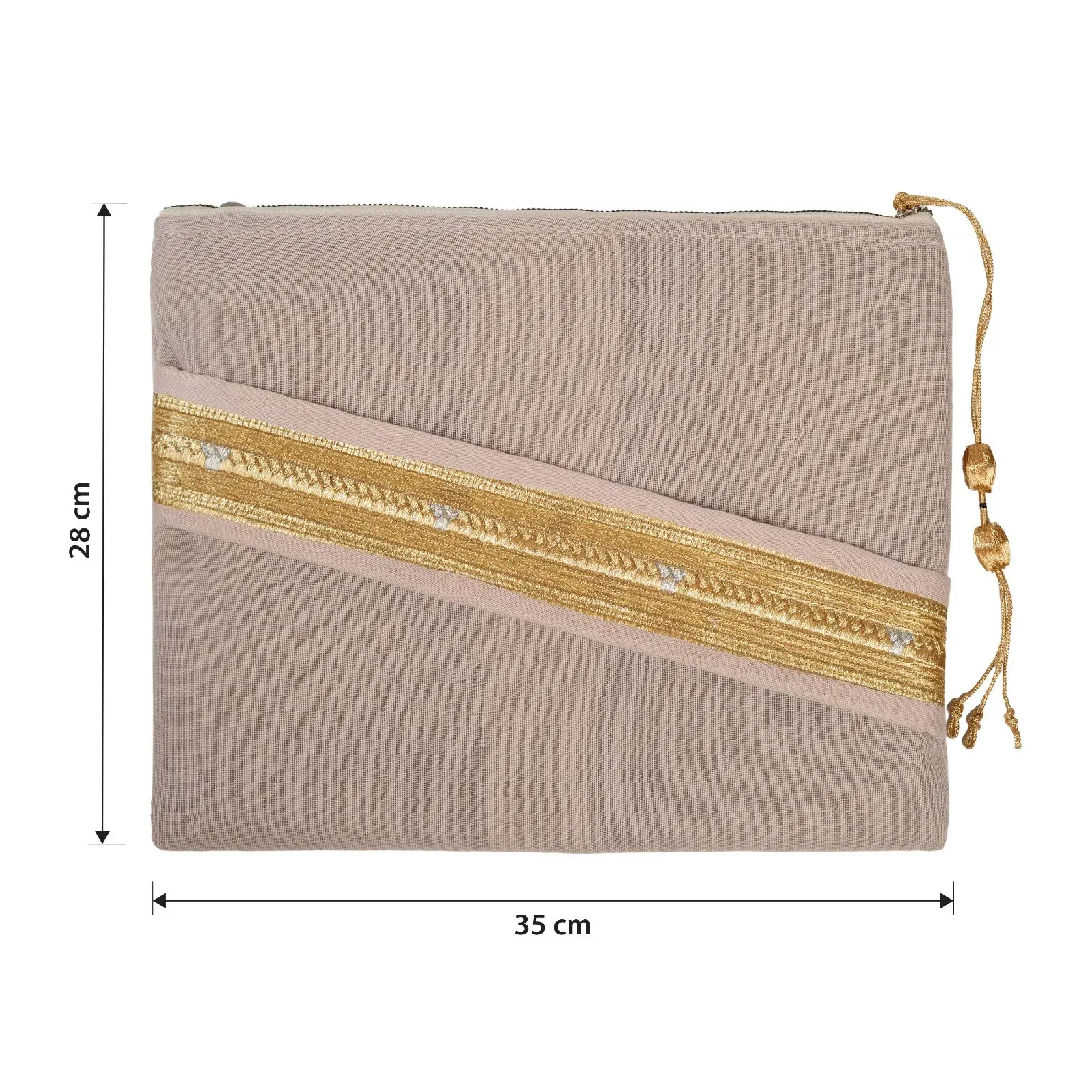 Black Saudi Bisht design pouch bag by Abreez Group, featuring gold zari embroidery and dimensions of 35 cm by 28 cm — Beige