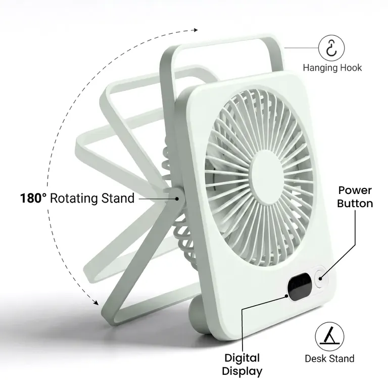 Rechargeable Table-Top Fan with Rotating Desk Stand