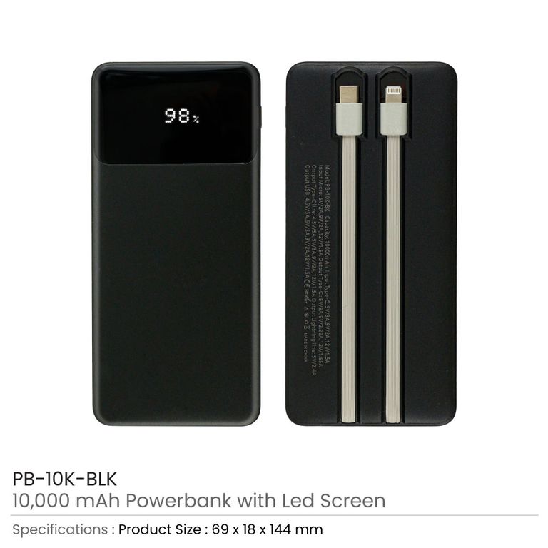 Powerbank with LED Screen 10,000 mAh & Built-in Cables