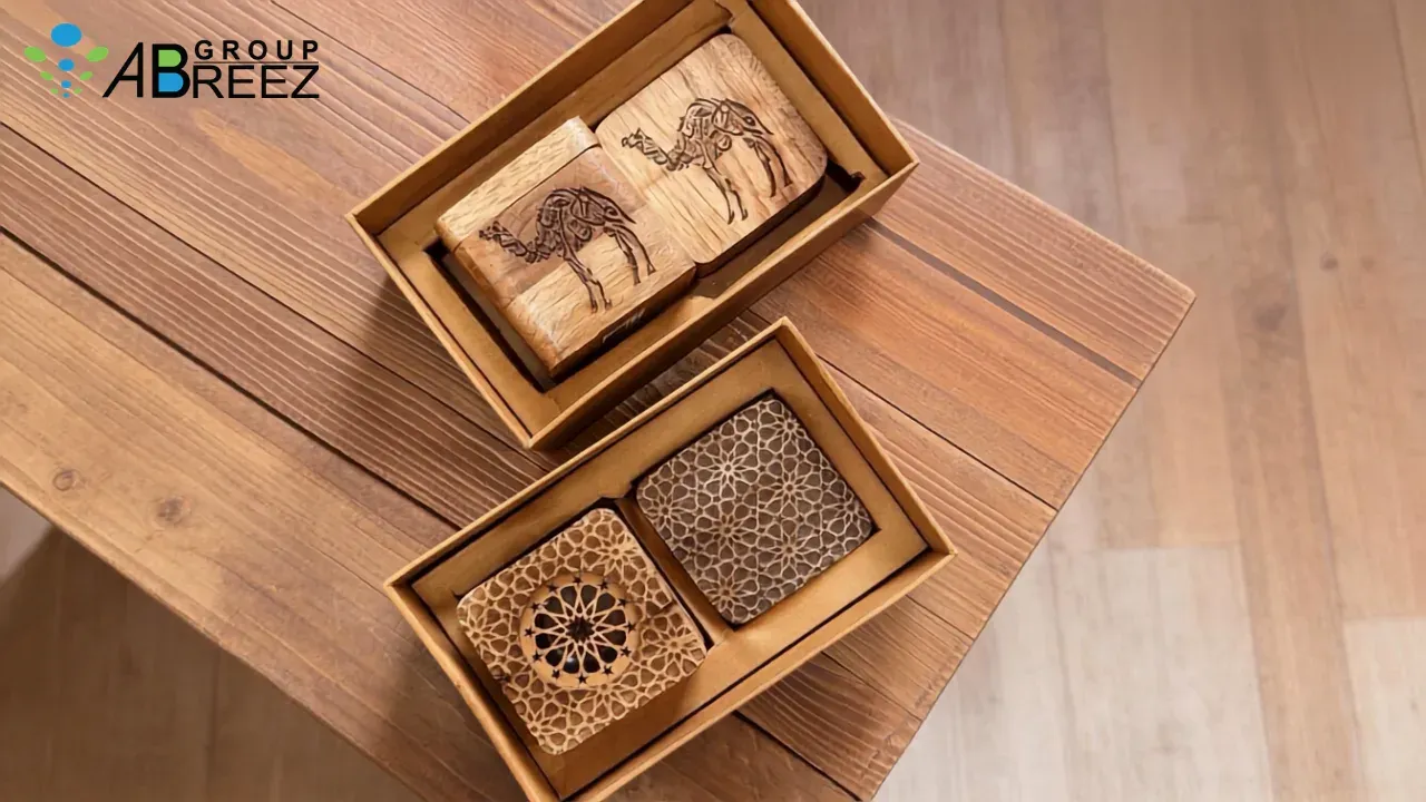 طقم هدايا خشبي يضم قطعتين محفورتين بنقش الجمل وأخرى بزخارف هندسية إسلامية / Wooden gift set with camel engraving and Islamic geometric pattern pieces