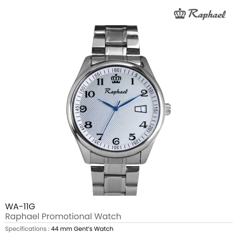 Raphael Gents Watch - Stainless Steel, White Dial with Blue Hands, Date Window, 46mm