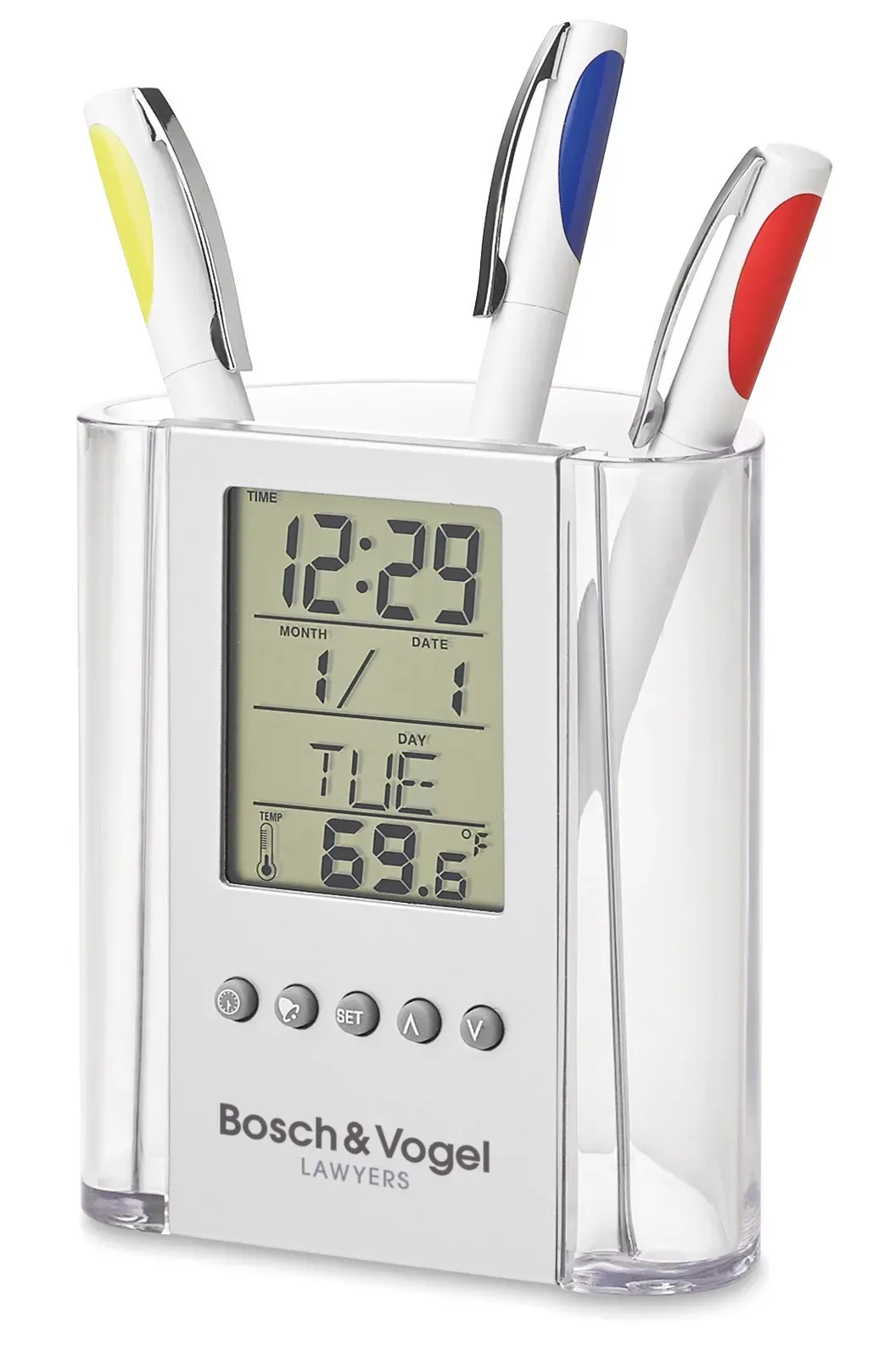 Prodigy Bamboo Pen Holder – Calendar, Alarm Clock & Weather Display — Transparent