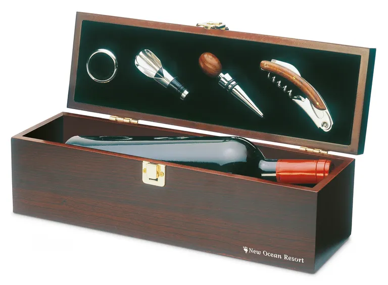 Costieres – Wine Set in Wooden Gift Box with Space for One Wine Bottle; Includes Bottle Collar, Pourer, Stopper, and Corkscrew