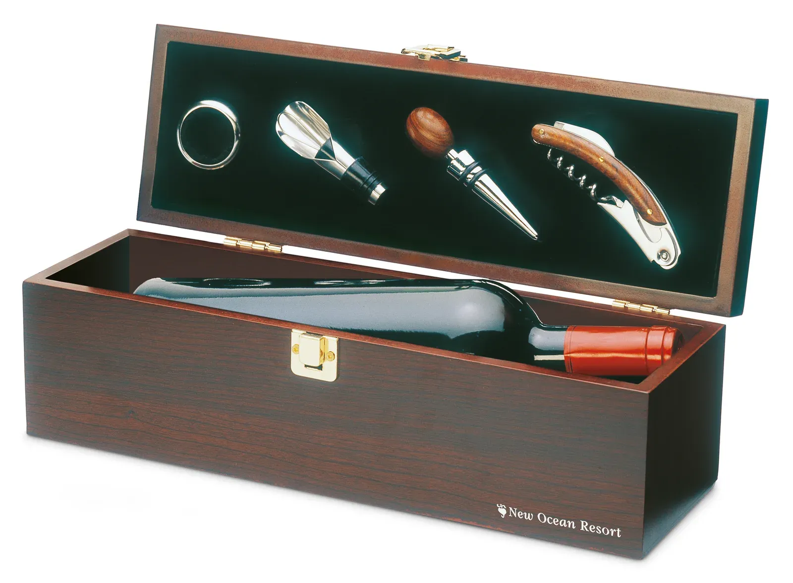 Costieres – Wine Set in Wooden Gift Box with Space for One Wine Bottle; Includes Bottle Collar, Pourer, Stopper, and Corkscrew — Wood