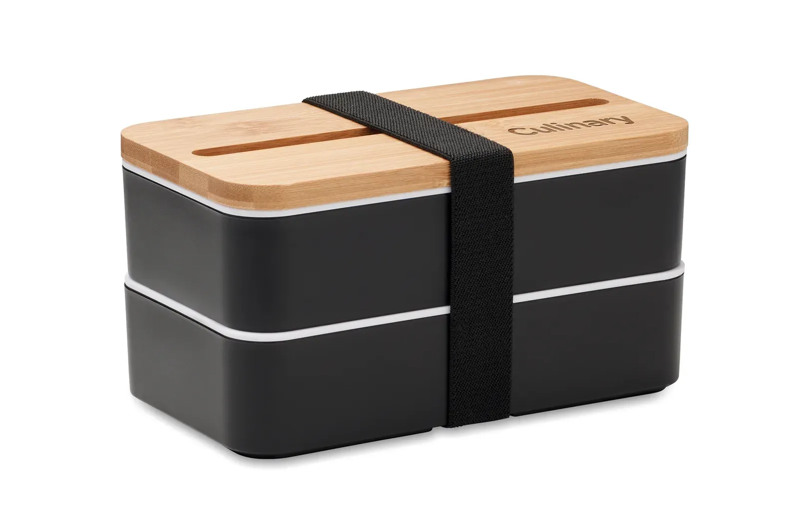 Wint – PP Two-Tier Lunch Box with Removable Divider and 3 Cutlery Utensils with Attachable Polyester Band with Bamboo Lid — Black