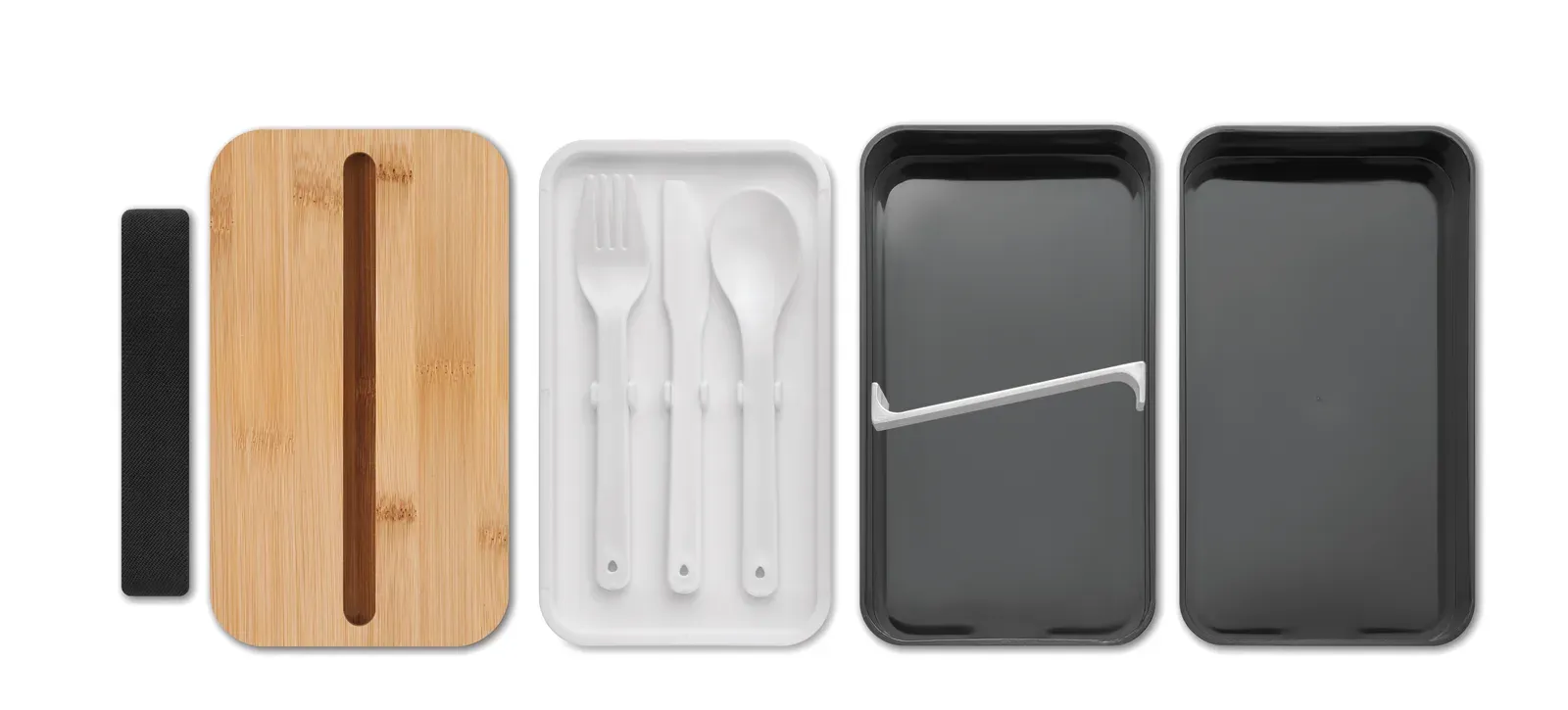 Wint – PP Two-Tier Lunch Box with Removable Divider and 3 Cutlery Utensils with Attachable Polyester Band with Bamboo Lid — Black
