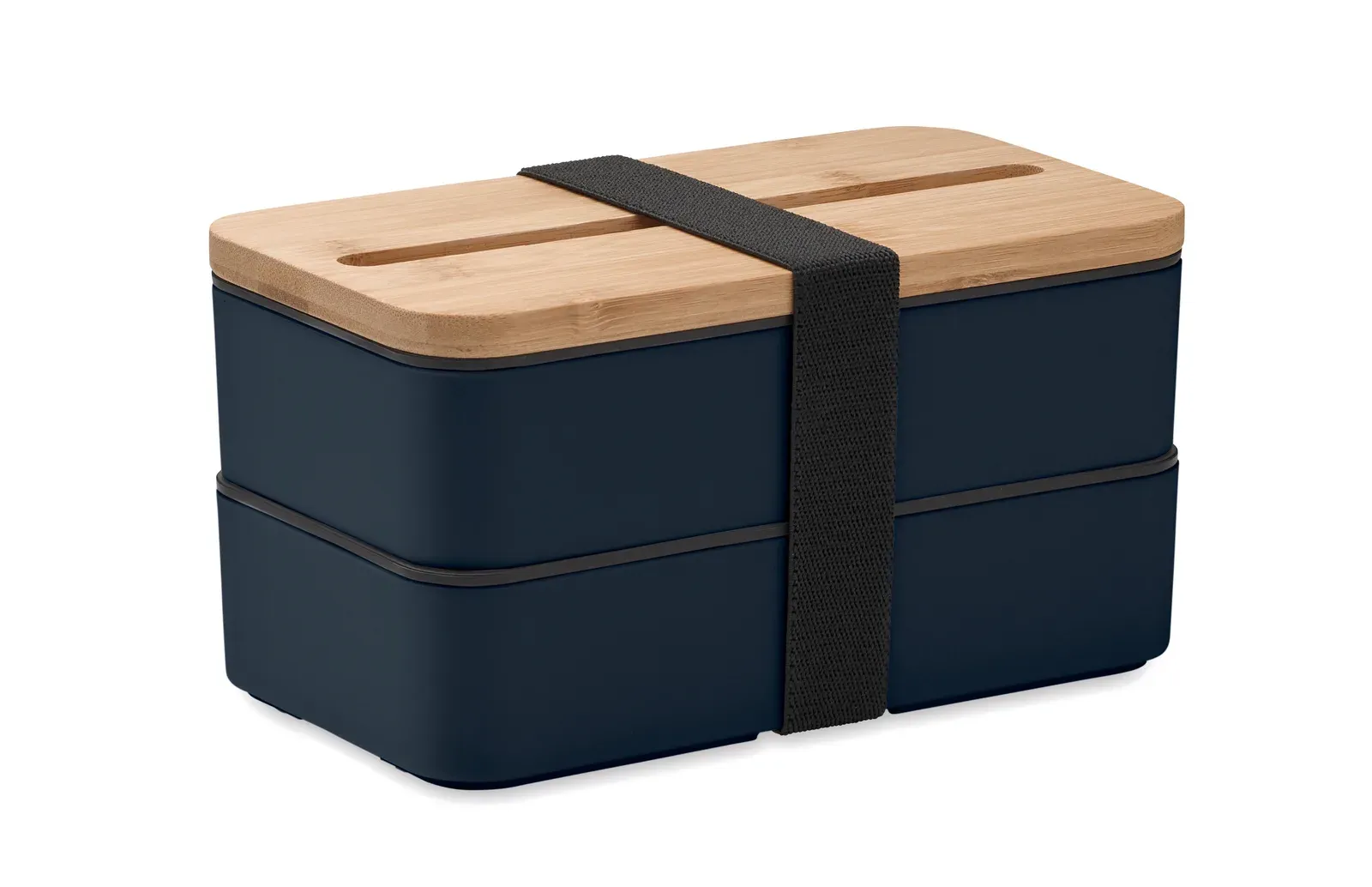 Wint – PP Two-Tier Lunch Box with Removable Divider and 3 Cutlery Utensils with Attachable Polyester Band with Bamboo Lid — French Navy