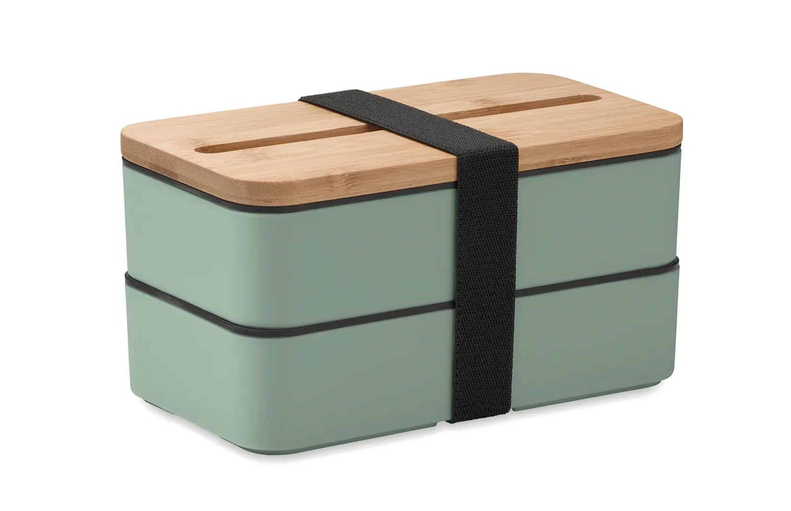 Wint – PP Two-Tier Lunch Box with Removable Divider and 3 Cutlery Utensils with Attachable Polyester Band with Bamboo Lid — Mint Green
