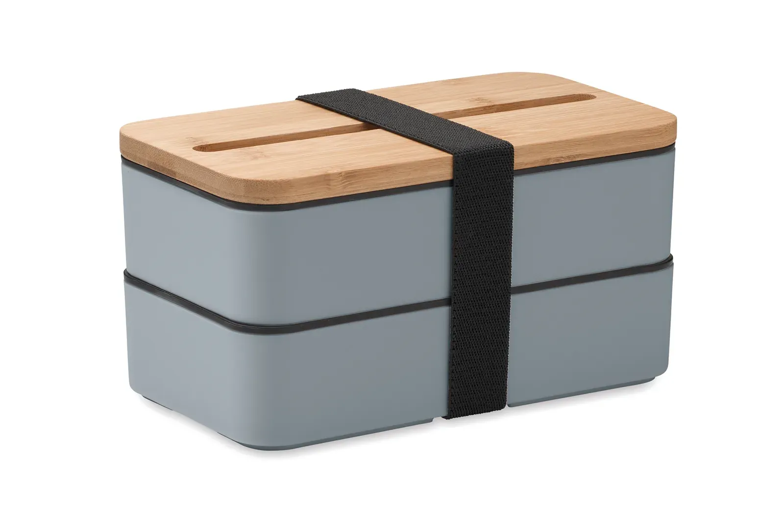 Wint – PP Two-Tier Lunch Box with Removable Divider and 3 Cutlery Utensils with Attachable Polyester Band with Bamboo Lid