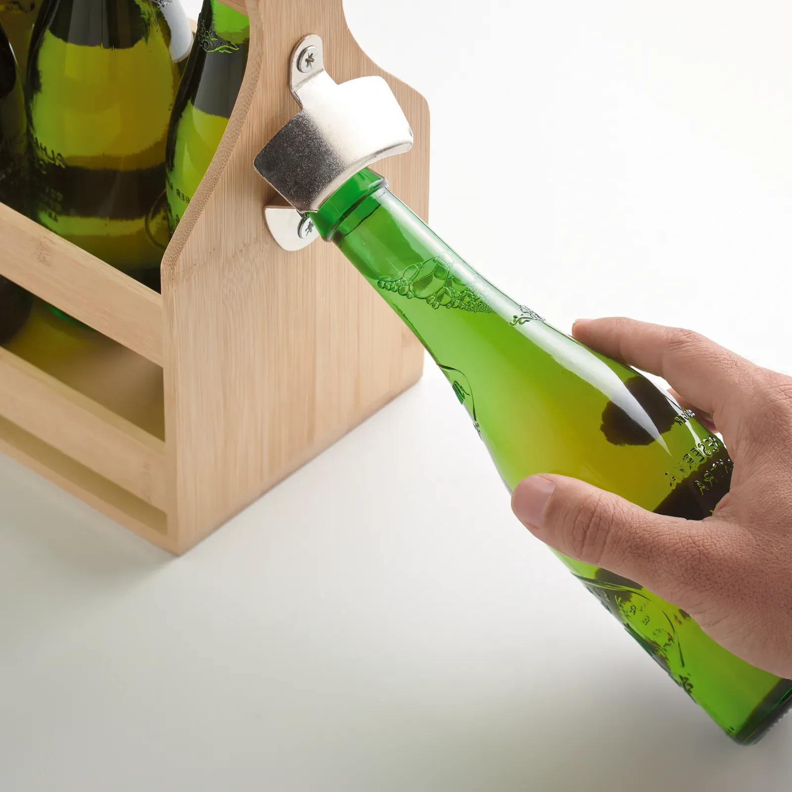 Cabas – Carry Crate in Bamboo Including a Metal Bottle Opener; It Fits 6 Traditional Glass Beer Bottles — Wood